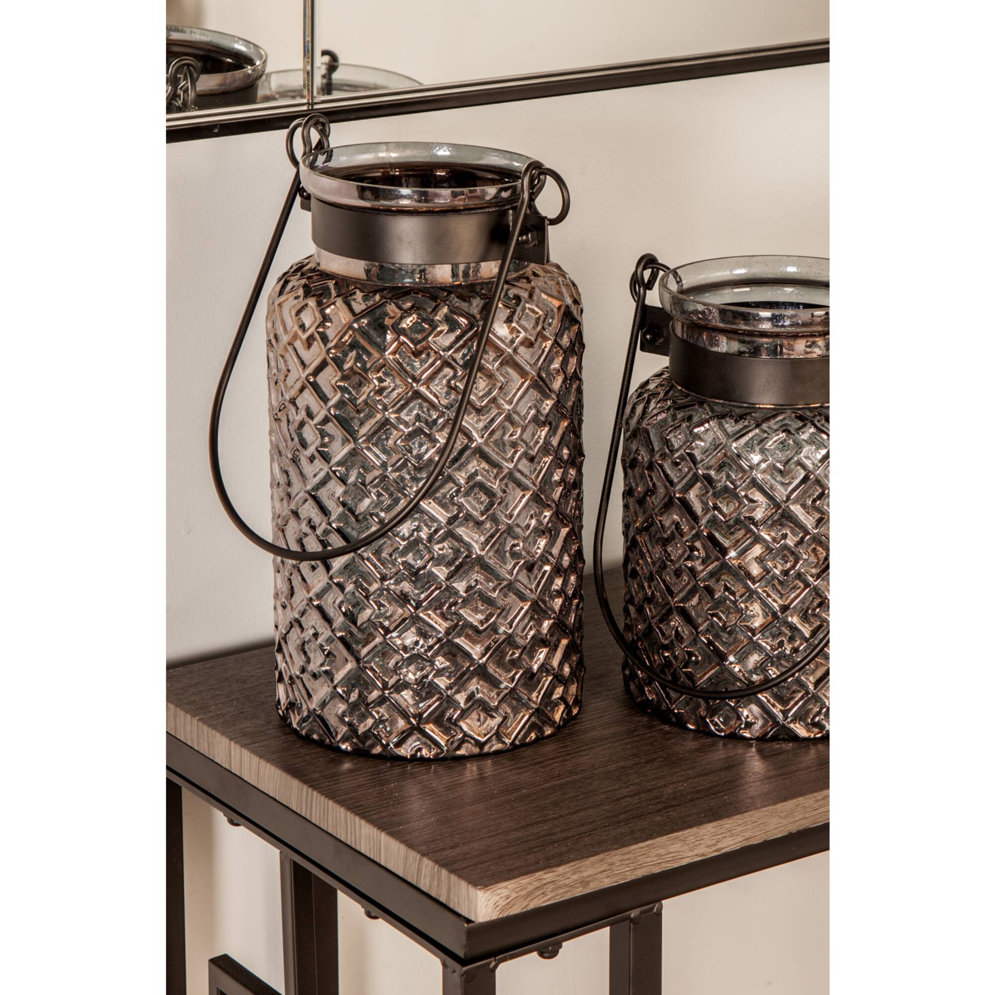 12" Black Glass Textured Candle Lantern